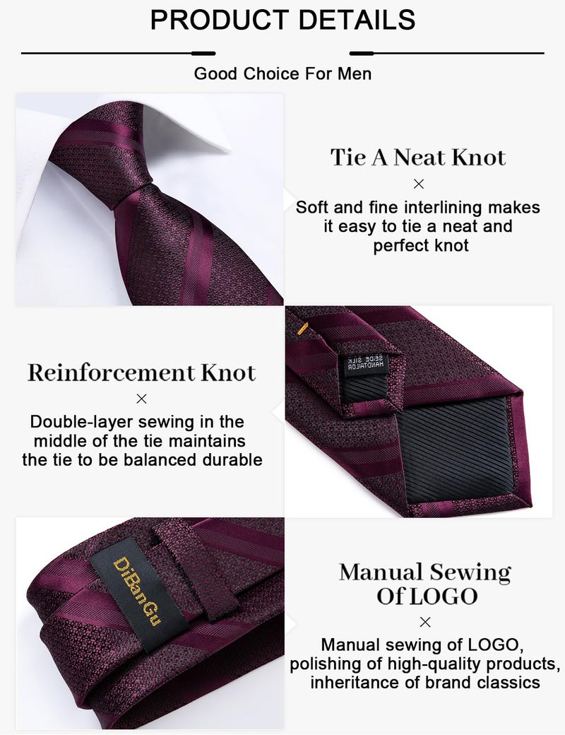 DiBanGu Mens Striped Tie Silk Woven Necktie and Pocket Square Cufflinks Tie Clip Set Wedding Business Formal, Burgundy - Image 5